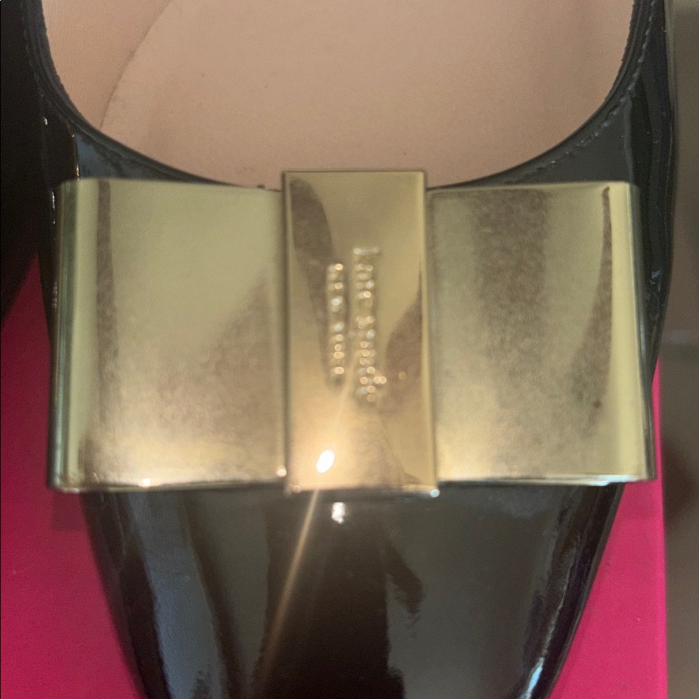 Kate Spade Patent Leather Black heels with Gold Bow Accent - Picture 9 of 9